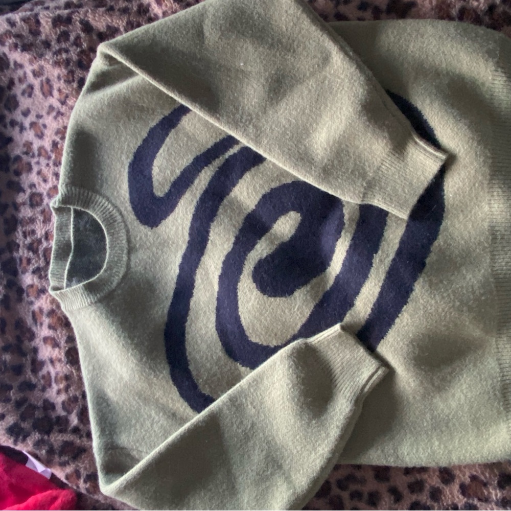 Green Crewneck Sweater with Black Abstract Swirl